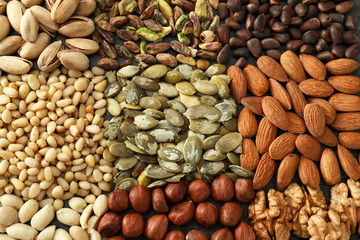 Variety of tasty fresh nuts, closeup
