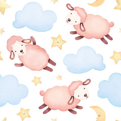Watercolor illustration of cute sheep. Seamless pattern