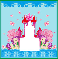 Beautiful unicorn and fairy-tale princess castle frame © diavolessa