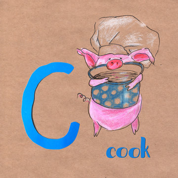 Alphabet for children with pig profession. Letter C. Cook