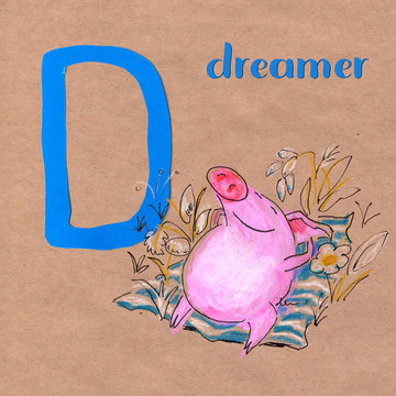 Alphabet for children with pig profession. Letter D. Dreamer