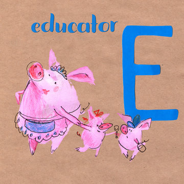 Alphabet for children with pig profession. Letter D. Educator