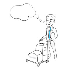 Happy Man Traveling Pushing A Baggage Cart Luggage Trolley Bags with Thought Bubble Line Art