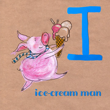 Alphabet for children with pig profession. Letter I. Ice-cream man