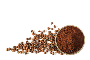 Coffee beans and Pile of Ground coffee on white background
