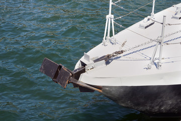 Battleship anchor with sea background.Warship anchor