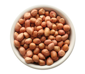 Bowl with tasty peanuts on white background