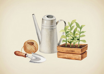 Watercolor illustration of garden tools
