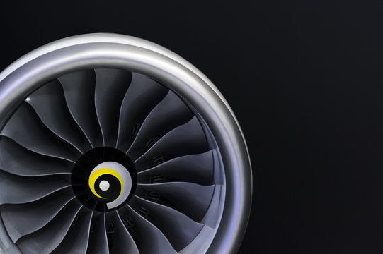 Jet Engine Turbine Blades Of Plane, Aircraft Concept, Aviation And Aerospace Industry, Isolated On Black Background, Detail 