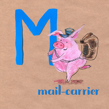 Alphabet for children with pig profession. Letter M. Mail carrier