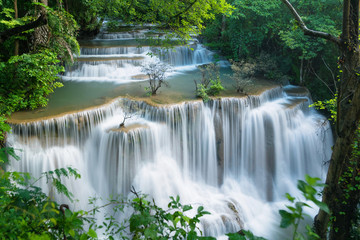 Breathtaking green waterfall at deep forest, Erawan waterfall located Kanchanaburi Province, Thailand