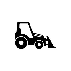 Tractor with Bucket, Bulldozer. Flat Vector Icon illustration. Simple black symbol on white background. Tractor with Bucket, Bulldozer sign design template for web and mobile UI element