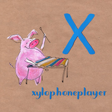 Alphabet for children with pig profession. Letter X. Xylophoneplayer