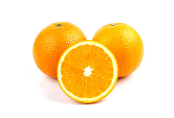 Ripe orange fruit on white background. Round orange slice.