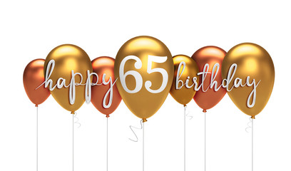 Happy 65th birthday gold balloon greeting background. 3D Rendering