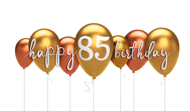 Happy 85th birthday gold balloon greeting background. 3D Rendering