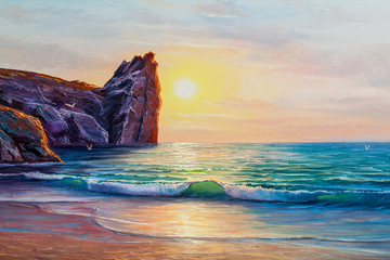 Sunset on the sea, painting by oil on canvas. - 216150310