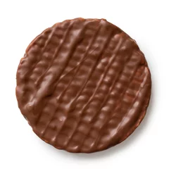 Foto op Plexiglas Whole chocolate rice cake isolated on white from above. © Moving Moment