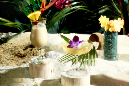 Cocktails in tropical still life with tiki