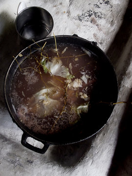 Broth in cast iron pot