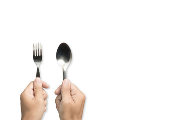 Hand holding spoon and fork on isolated background.with clipping path.