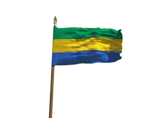 Gabon flag Isolated Silk waving flag of Gabonese Republic made transparent fabric with wooden flagpole golden spear on white background isolate real photo Flags of world countries 3d illustration