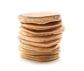 Tasty pancakes on white background