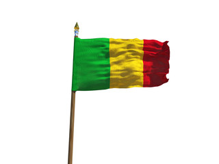 Mali flag Isolated Silk waving flag of Republic of Mali made transparent fabric with wooden flagpole golden spear on white background isolate real photo Flags of world countries 3d illustration