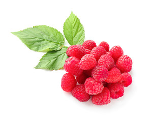 Ripe aromatic raspberries on white background