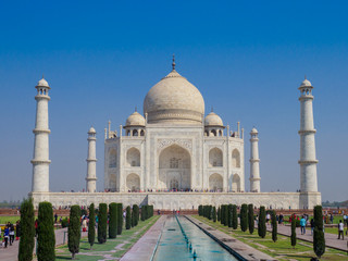 The Taj Mahal, the ivory-white marble mausoleum in the city of Agra, which was commissioned in 1632 by the Mughal emperor, Shah Jahan, to house the tomb of his queen, Mumtaz Mahal.