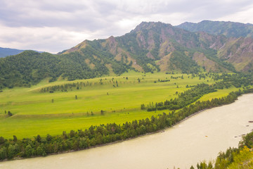 A view of the landscape with the river katun, rocks, nature, with gray clouds in the sky in the mountains of the Altai