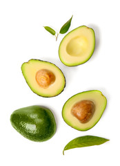 Fresh ripe avocados on white background, flat lay