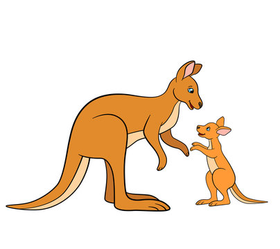 Cartoon animals. Mother kangaroo with her little cute baby.