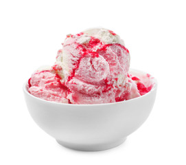 Bowl of tasty ice cream with sweet jam on white background