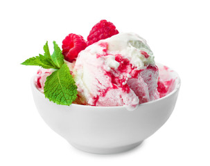 Bowl with tasty raspberry ice cream on white background