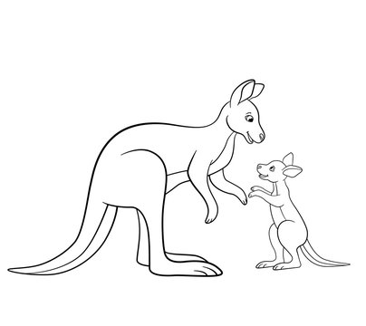 Coloring pages. Mother kangaroo with her little baby.