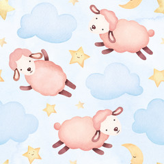 Watercolor illustration of cute sheep. Seamless pattern