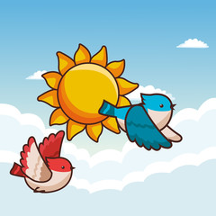 Birds flying at sunny day cartoon vector illustration graphic design