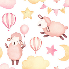 Watercolor illustration of cute sheep. Seamless pattern