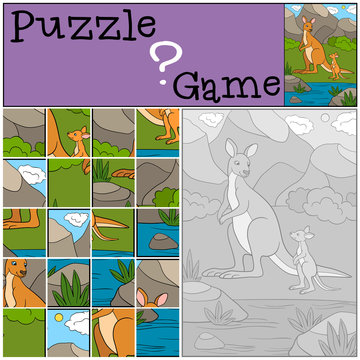Education game: Puzzle. Mother kangaroo with her baby.