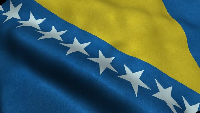 Photorealistic 4k Close up of bosnia flag slow waving with visible wrinkles and realistic fabric. A fully digital rendering, 3D Animation. 15 seconds 4K, Ultra HD resolution bosnia flag animation.