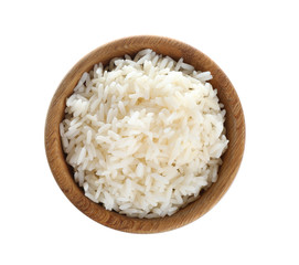 Wooden bowl with freshly cooked rice on white background