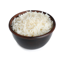 Bowl with freshly cooked rice on white background
