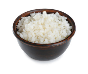 Bowl with freshly cooked rice on white background