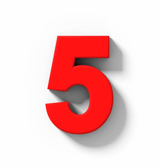number 5 3D red isolated on white with shadow - orthogonal projection