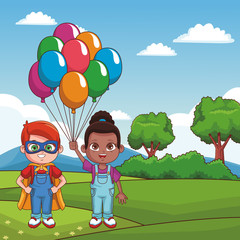 Boy with superhero costume andgirl with balloons at park vector illustration graphic design