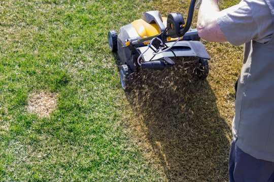 Aeration of the lawn in the garden. Yellow aerator on green grass