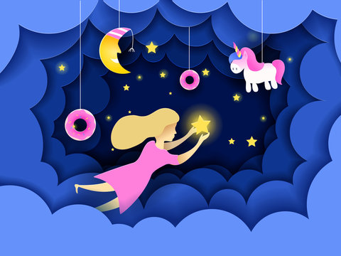 Child touching the stars in the sky. Kids dream vector illustration in paper art origami style. Paper cut design concept. Fairy tale wallpaper in baby room