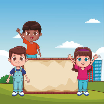 Kids with blank wooden sign at park vector illustration graphic design
