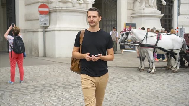 Tourist man enjoying a stroll through Vienna and looking at the beautiful horses in the carriage